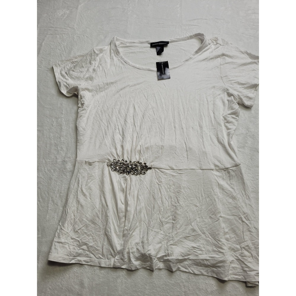 NWT Ashley Stewart Peplum Top Women 14/16 White Rhinestone Jewel Short Sleeve